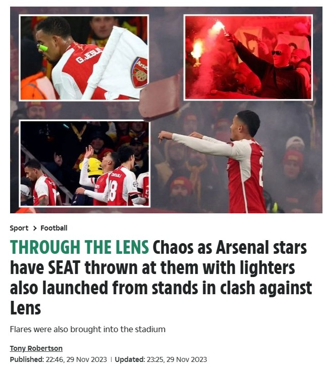 太阳报：阿森纳球员庆祝进球时，有朗斯球迷投掷座椅、打火机