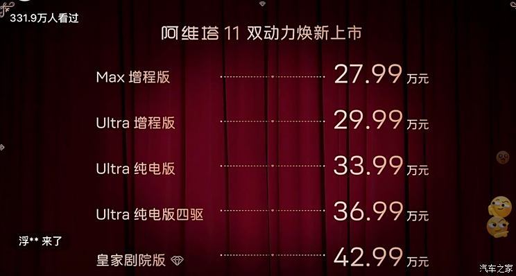 新款阿维塔11正式上市，提供纯电/增程两种动力，售27.99万起